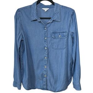 Lucky Brand Chambray Button Down Shirt Blue Long Sleeve Medium Lightweight Boho